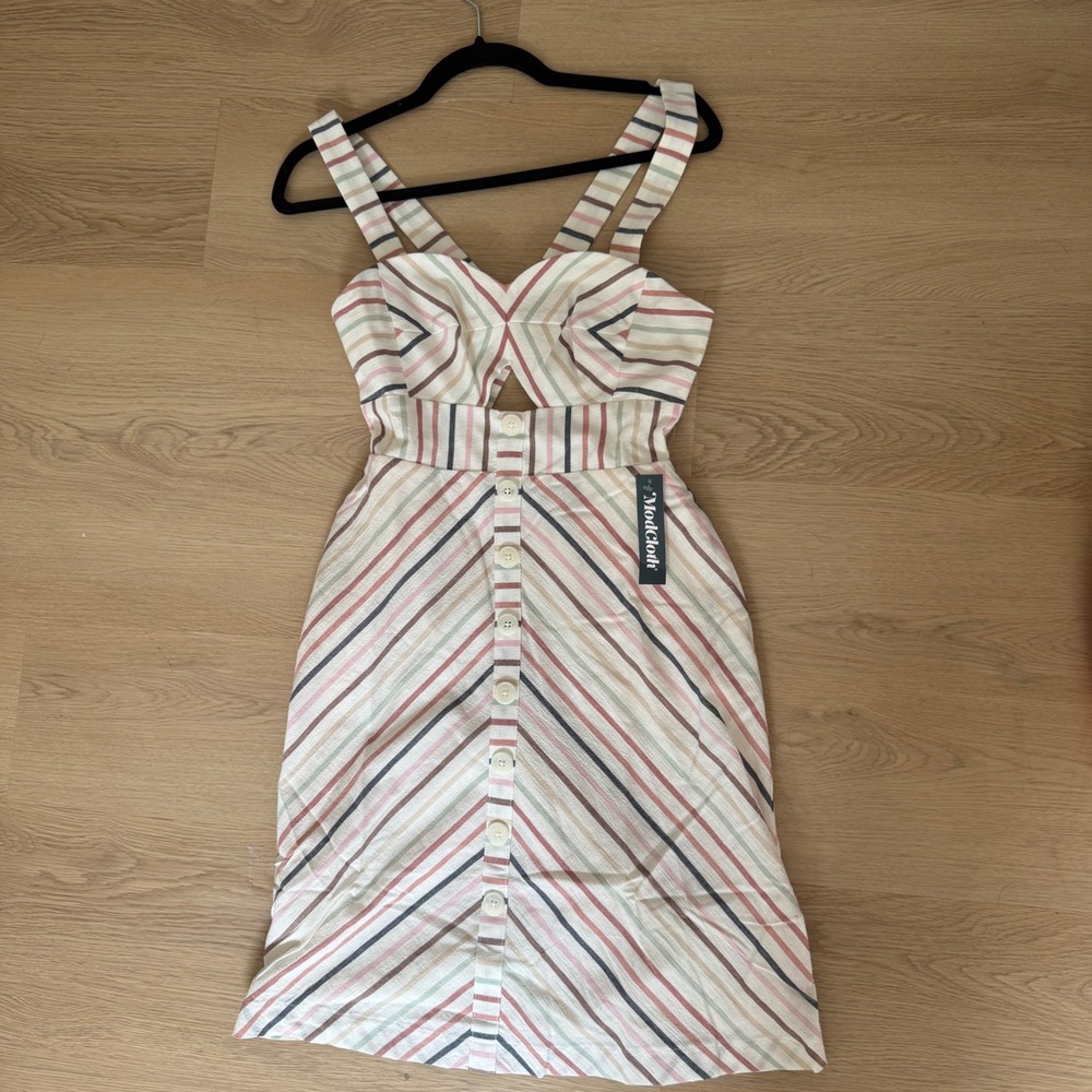 NWT ModCloth 0 Striped Midi Dress Button Front‎ Sleeveless Casual Cutout Preppy - Picture 2 of 7